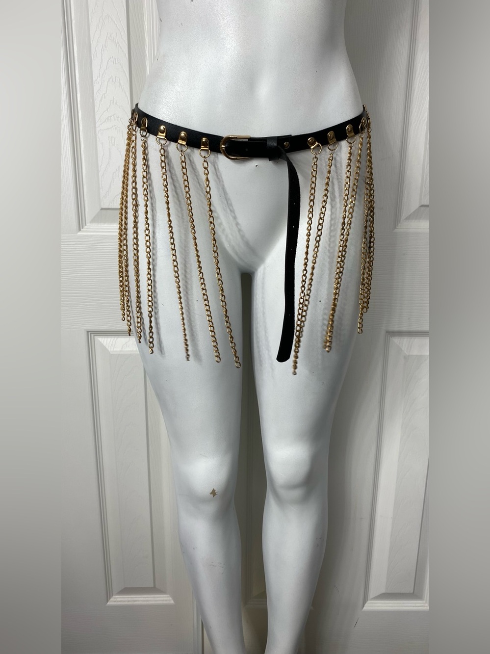 Black Leather Belt with Gold Chain Fringe - Picture 2 of 8